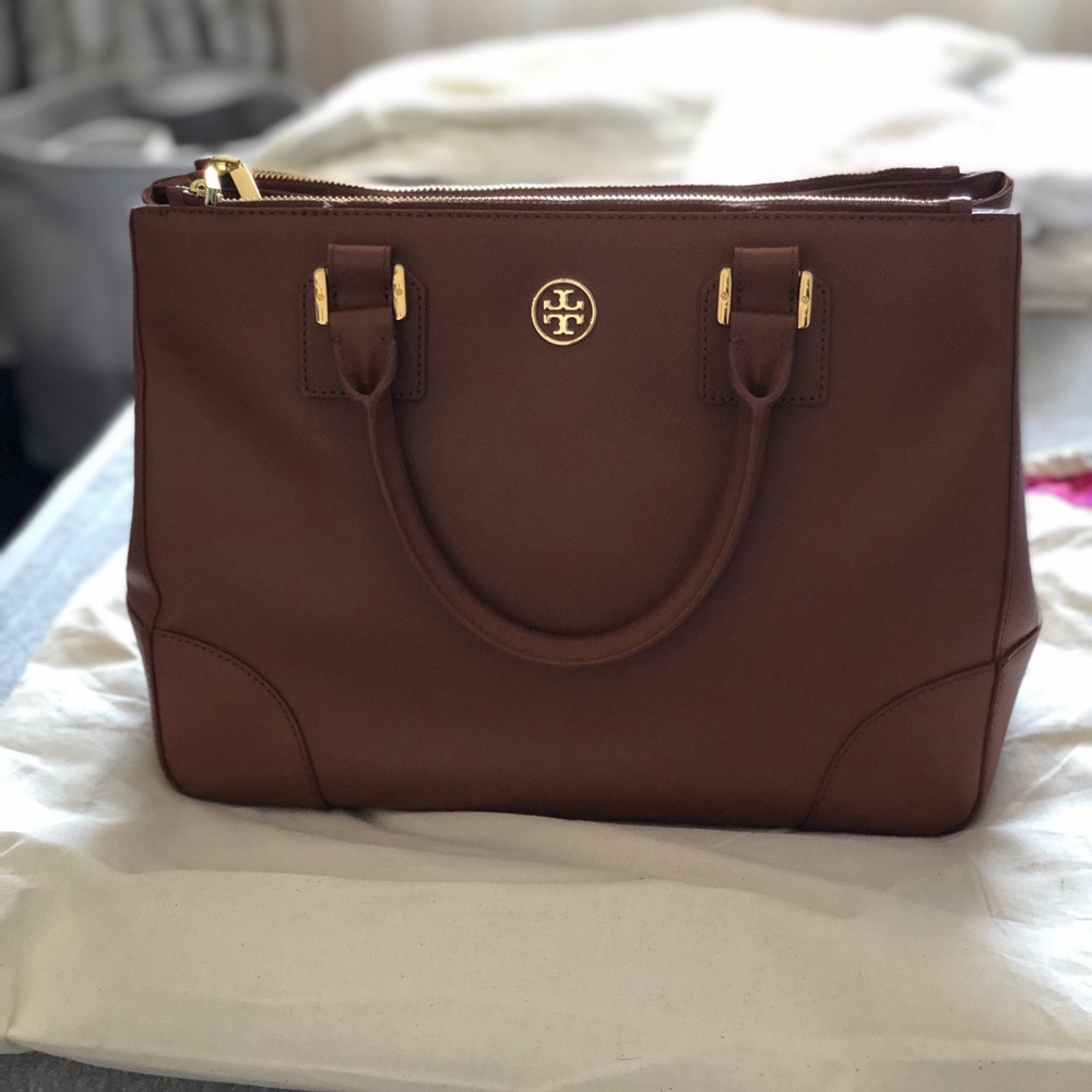 Tory Burch Double Zip Robinson Tote - Saddle Brown